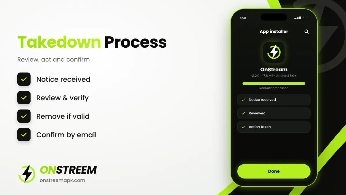 DMCA takedown process at OnStreem APK