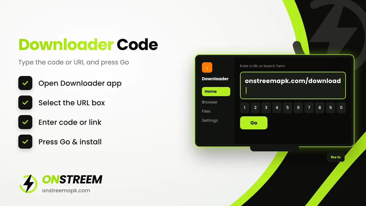 OnStream Downloader code entered in the Downloader app on Firestick