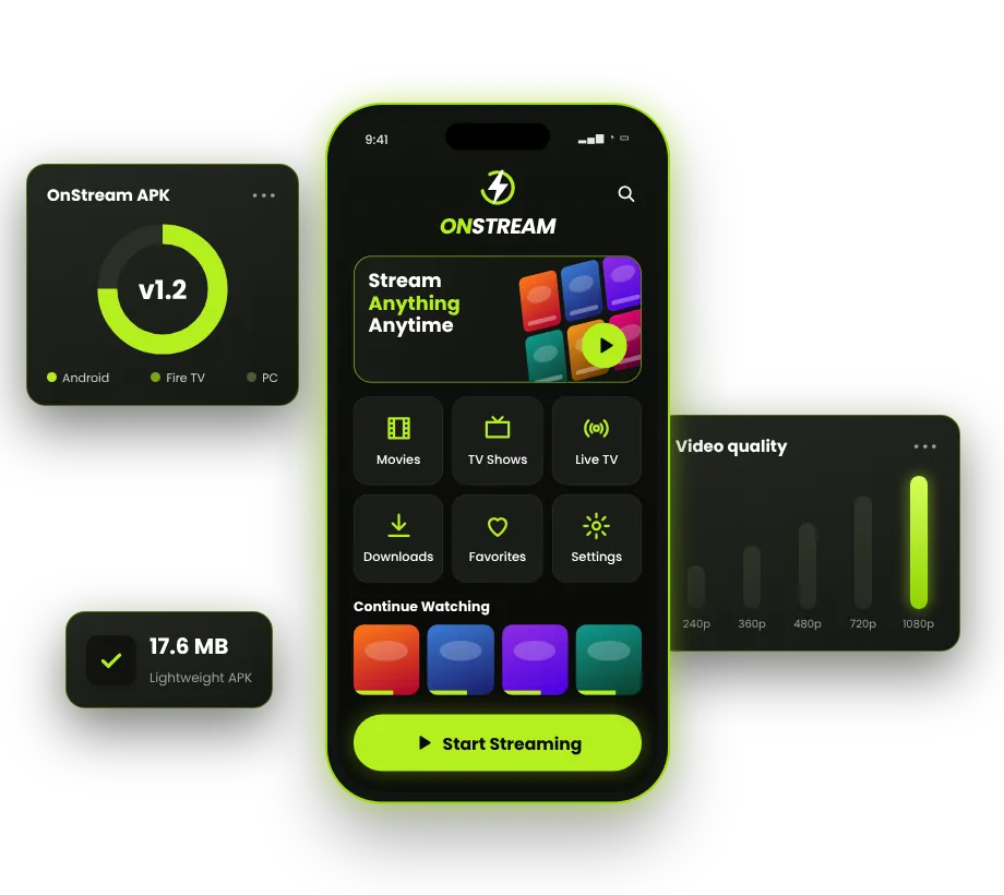 OnStream APK app on an Android phone with version and quality cards