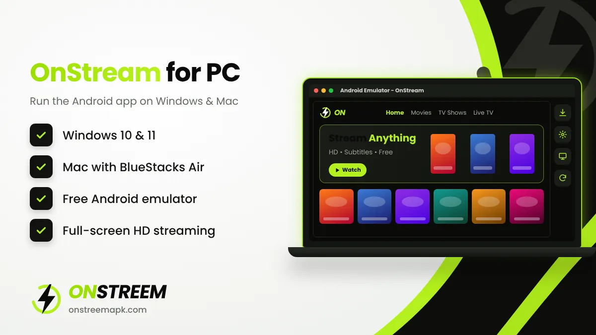 OnStream APK running on Windows PC with an Android emulator