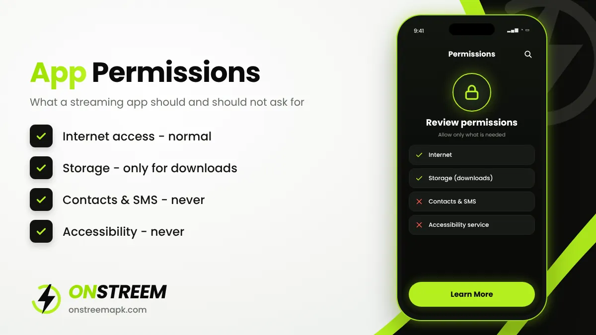 OnStream app permissions that are safe and unsafe